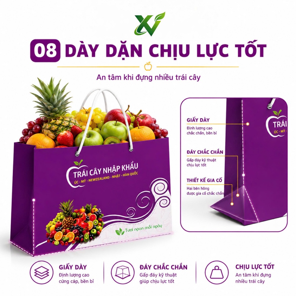 Combo 25 Túi Đựng Trái Cây Bằng Giấy Mẫu Tím Trắng Có Quai Dây Chịu Lực Tiện Xách Nhiều Kích Thước