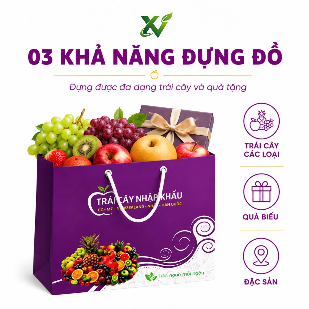 Combo 25 Túi Đựng Trái Cây Bằng Giấy Mẫu Tím Trắng Có Quai Dây Chịu Lực Tiện Xách Nhiều Kích Thước