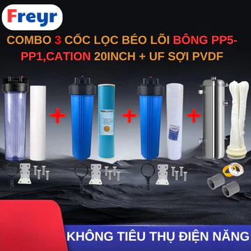 Bộ lọc nước đầu nguồn, lọc tổng gồm 3 Cốc Lọc Béo 20 Inch + Lõi Bông, Cation + Lõi UF Sợi PVDF Vỏ Inox