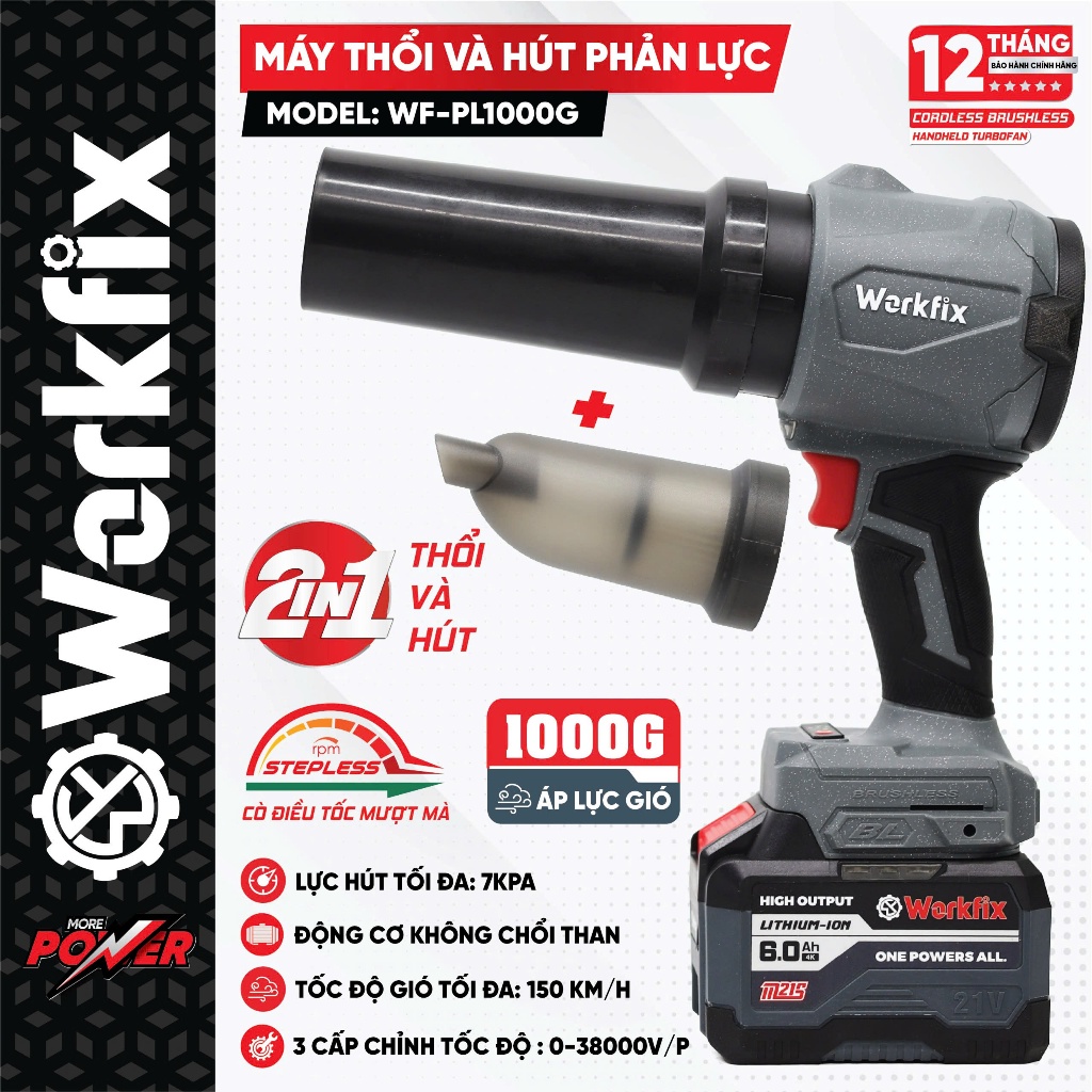 Thân Máy Thổi Hút Phân Lực Workfix WF-PL1000G – 2in1 Thổi & Hút 7KPA – Động Cơ Không Chổi Than