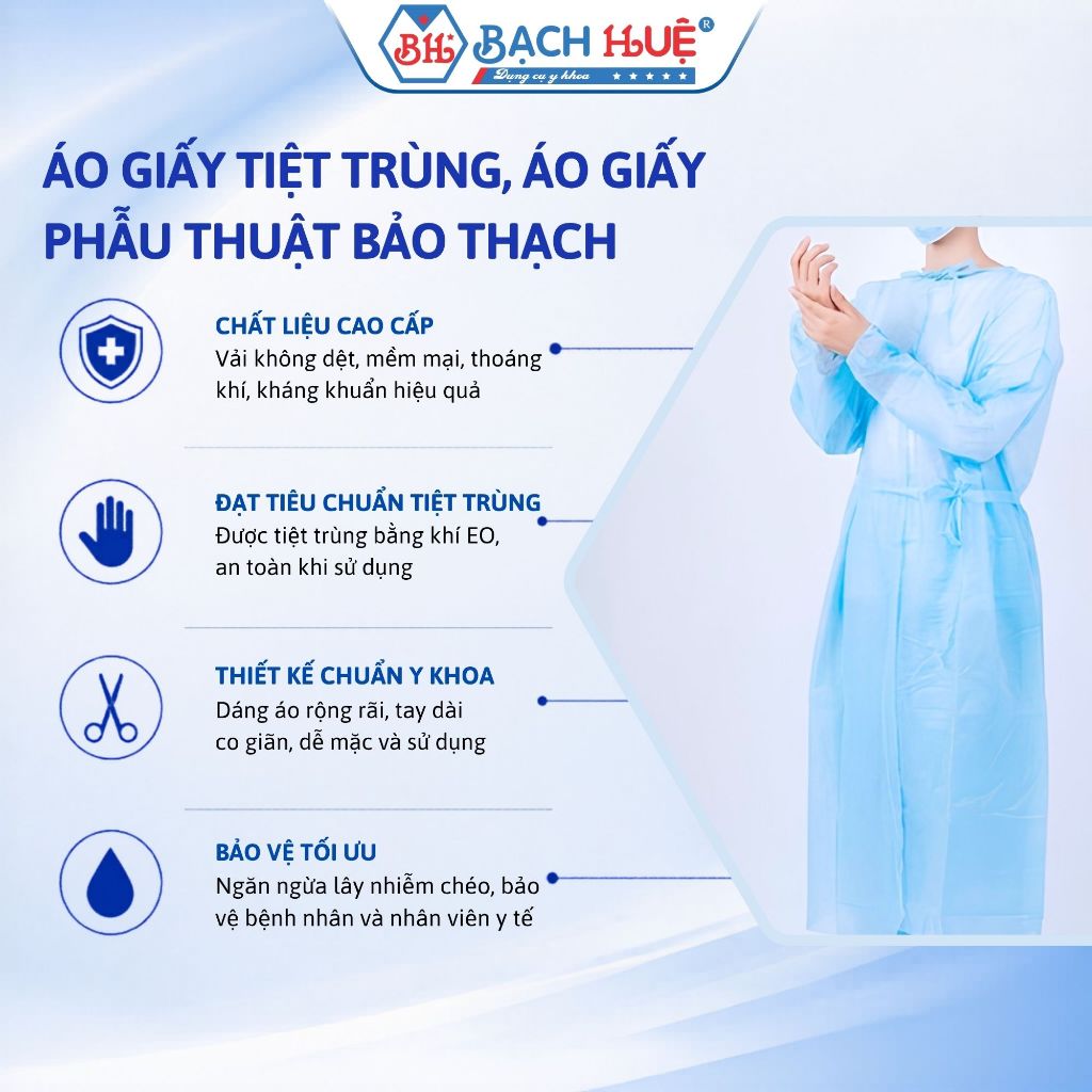 Áo Giấy Tiệt Trùng Bảo Thạch –Áo Choàng Phẫu Thuật, Áo Blouse Giấy Dùng 1 Lần Cho Y Tế, Spa, Thẩm Mỹ