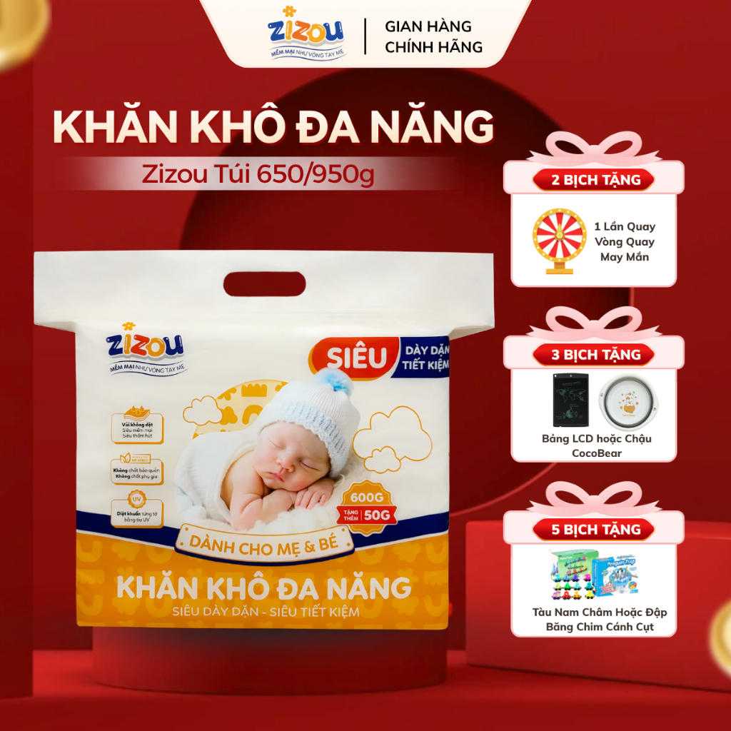Khăn Khô Đa Năng Zizou Túi 650/950g Vải Không Dệt Tiệt Trùng UV Mềm Mại, Dày Dặn, Không Hóa Chất, An Toàn Cho Mẹ Và Bé