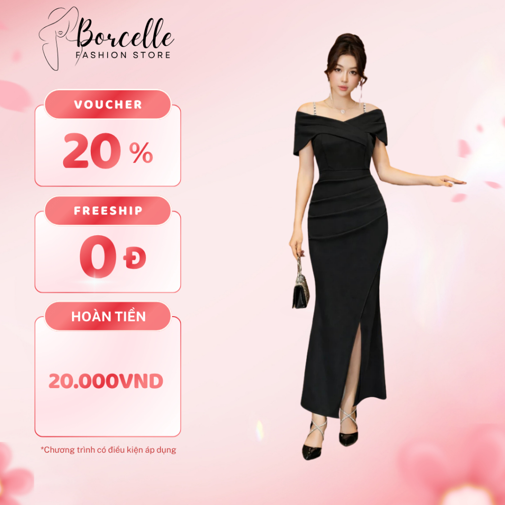 Váy Dự Tiệc Trung Niên Bigsize - Đầm Dự Tiệc Đi Ăn Cưới Thiết Kế Sang Trọng 2 Dây Kết Cườm Trễ Vai Xẻ Tà TK33