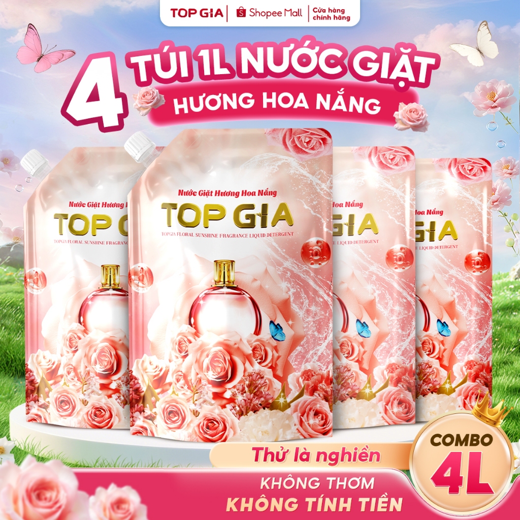 Nước giặt xả Top Gia hương hoa nắng  dịu nhẹ túi 1L giúp làm sạch khuẩn sạch bẩn lưu hương 72H