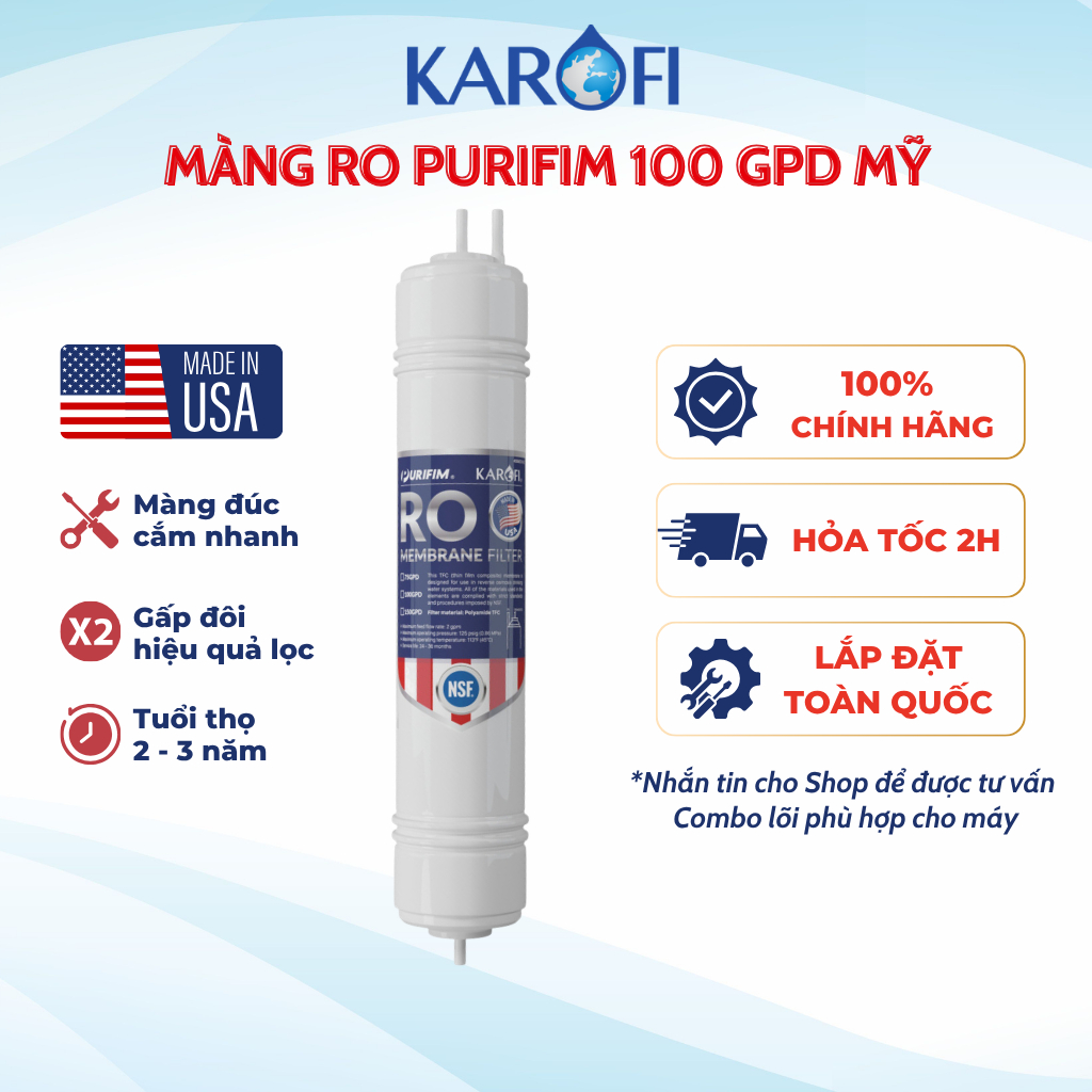 Màng Lọc RO Purifim Karofi Sản Xuất Tại Mỹ hoặc màng RO hàn ,Công Suất 20L/H Cắm Nhanh Dùng Được Cho Các Máy Lọc Nước RO
