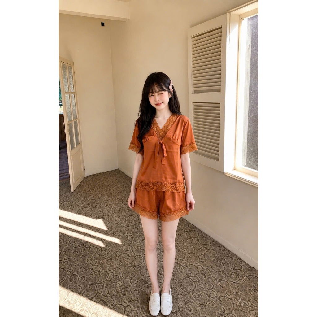 HHD07 Đồ Mặc Nhà Lụa Satin Phối Ren Cao Cấp Mềm Mịn Mướt Mát Sang Trọng Dễ Giặt Bảo Quản Đơn Giản