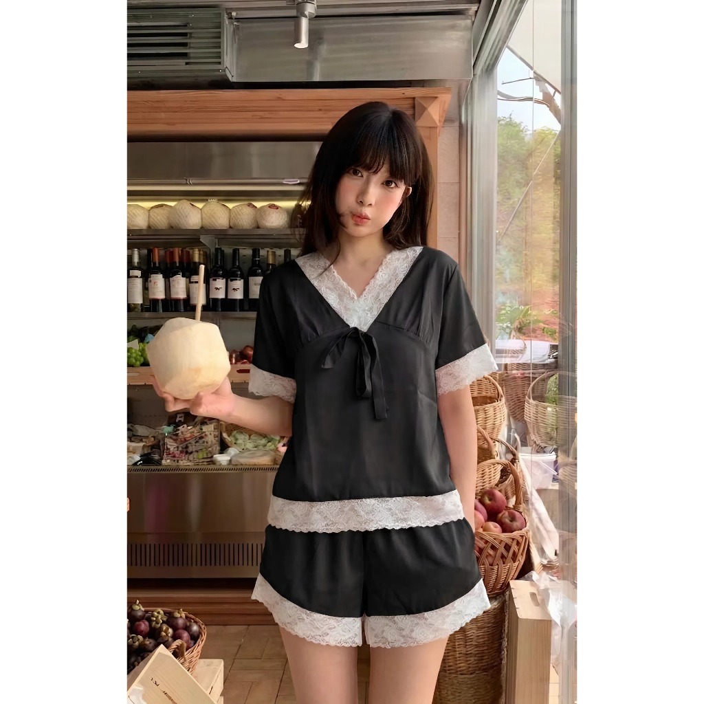 HHD07 Đồ Mặc Nhà Lụa Satin Phối Ren Cao Cấp Mềm Mịn Mướt Mát Sang Trọng Dễ Giặt Bảo Quản Đơn Giản