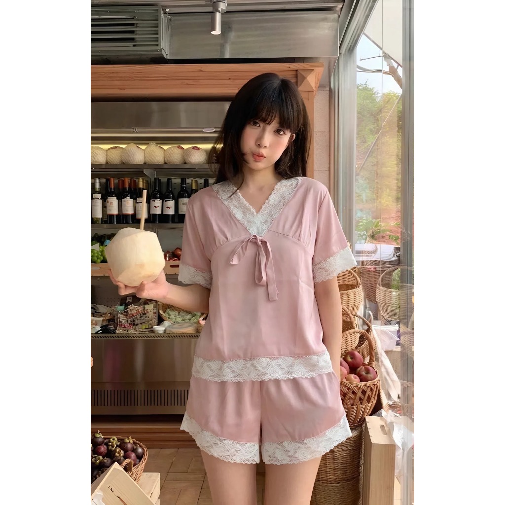 HHD07 Đồ Mặc Nhà Lụa Satin Phối Ren Cao Cấp Mềm Mịn Mướt Mát Sang Trọng Dễ Giặt Bảo Quản Đơn Giản