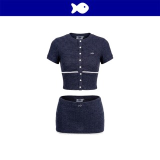 Set áo croptop và chân váy ngắn DKMV thun len màu xanh ôm dáng đính logo cá inox đáng yêu Ora Set | K-SET23-XA