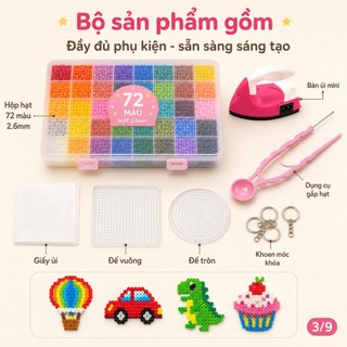 【14.000 Hạt + Full Phụ Kiện】Bộ hạt Perler DIY 2.6mm, kèm bàn ủi, khuôn ghép, giấy ủi và hộp đựng