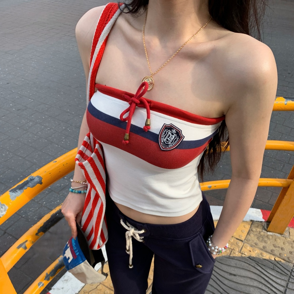 [Mở Bán] Áo Ống Sọc Ngang Chất Thun Borip Thêu Logo Kiểu Dáng Ôm Body Nhún Sườn Phối Dây Thắt Nơ DD27 Minh Khuê Boutique
