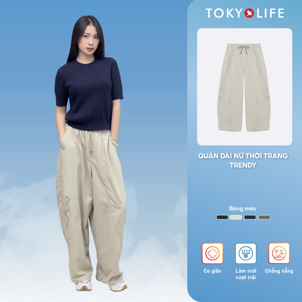 Quần dài ống rộng nữ TOKYOLIFE có dây chun, chất vải dù nhẹ thoáng mát thời trang 40005378