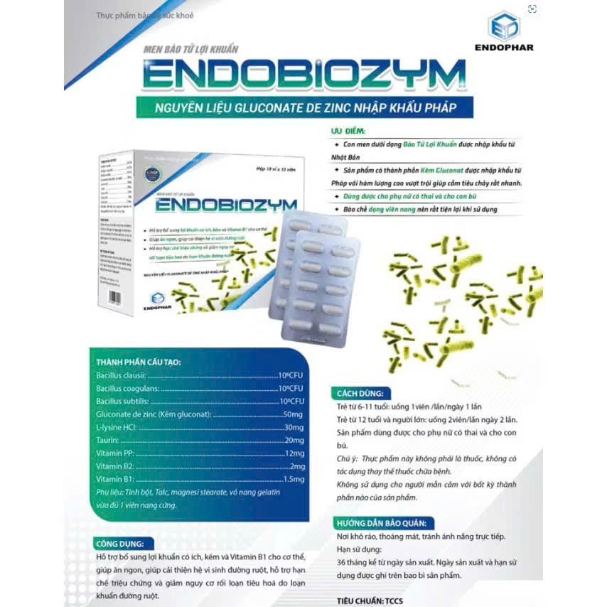 Endobiozym Men Vi Sinh Kẽm Gluconat Nhập Khẩu Pháp, Hỗ Trợ Cân Bằng Hệ Vi Sinh Đường Ruột, Hộp 10 Vỉ