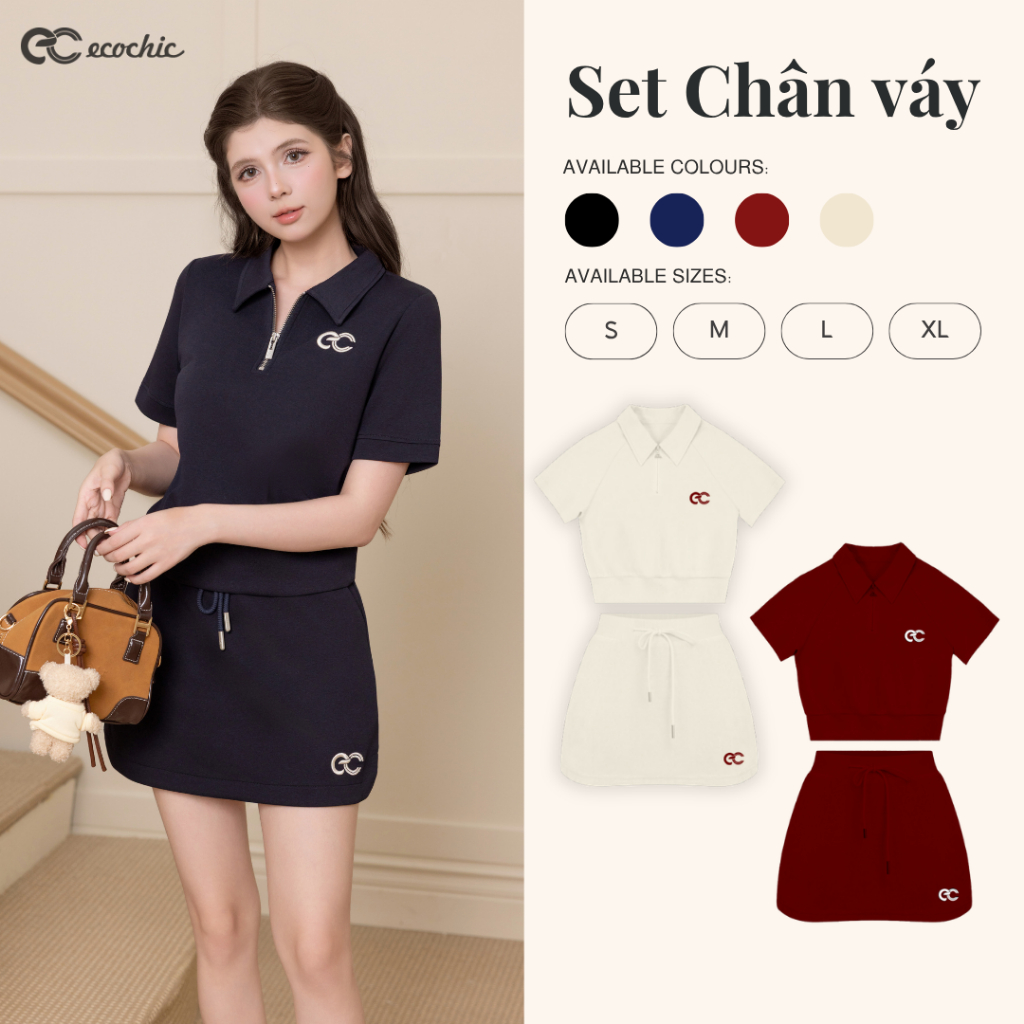 Set Bộ Chân Váy ECOCHIC DREAM FIT SET Áo Crop Cổ Polo Halfzip Phối Chân Váy Chất Liệu Cao Cấp Mềm Mịn Chính Hãng B171