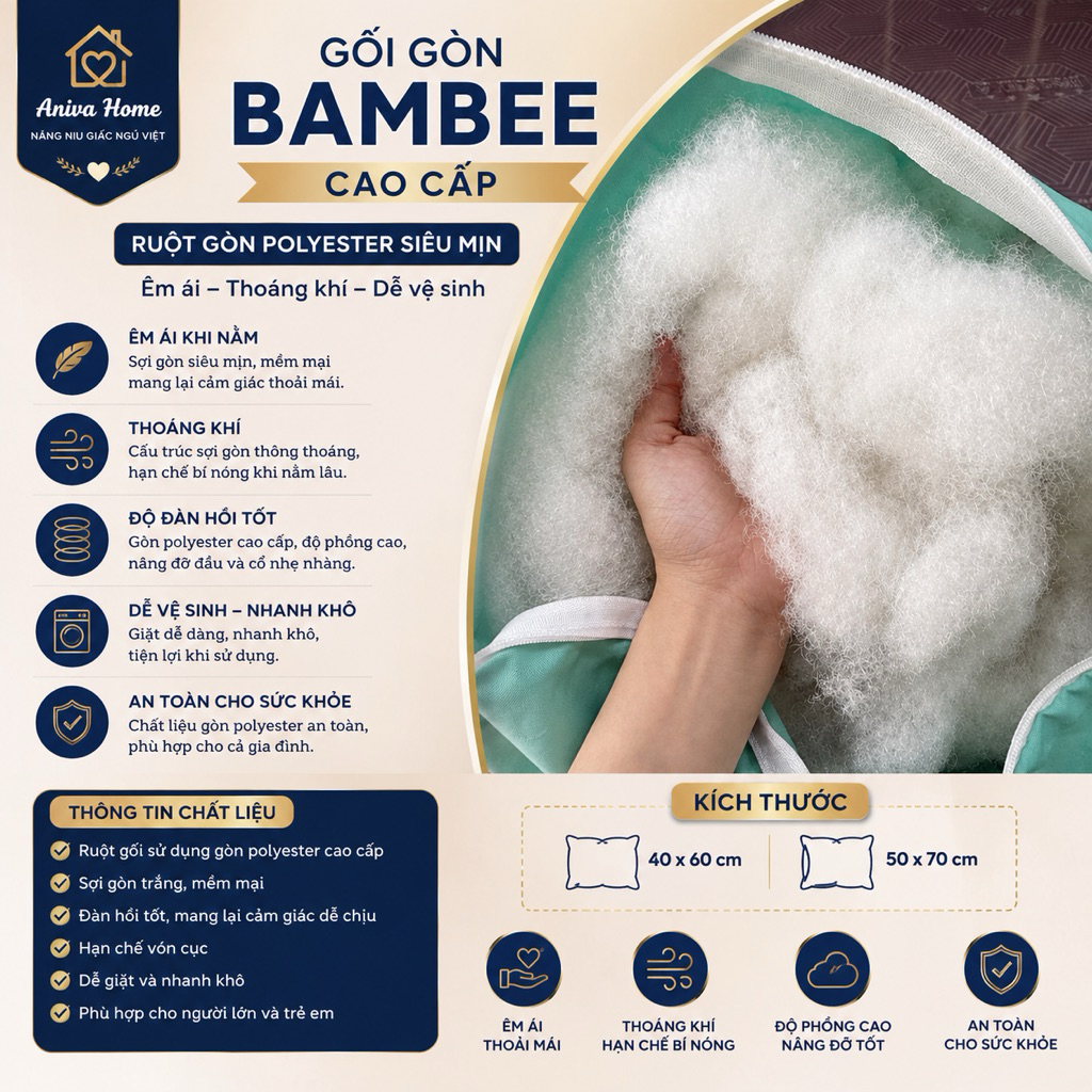 Gối Nằm Và Gối Ôm Bambee Aniva Home - Gòn Polyester Cao Cấp Êm Ái Thoáng Khí Độ Phồng Cao