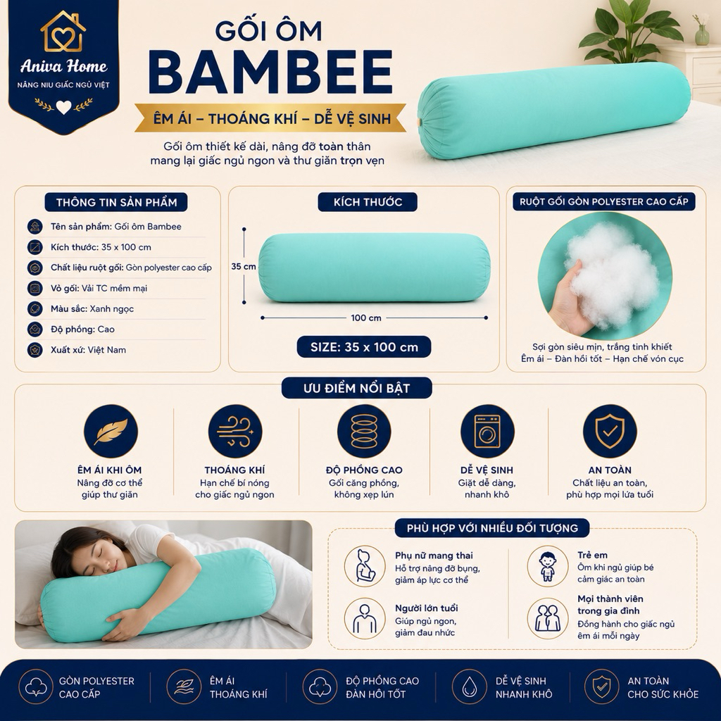 Gối Nằm Và Gối Ôm Bambee Aniva Home - Gòn Polyester Cao Cấp Êm Ái Thoáng Khí Độ Phồng Cao
