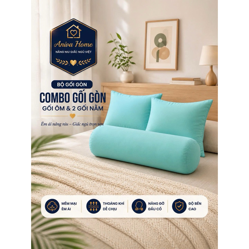 Gối Nằm Và Gối Ôm Bambee Aniva Home - Gòn Polyester Cao Cấp Êm Ái Thoáng Khí Độ Phồng Cao