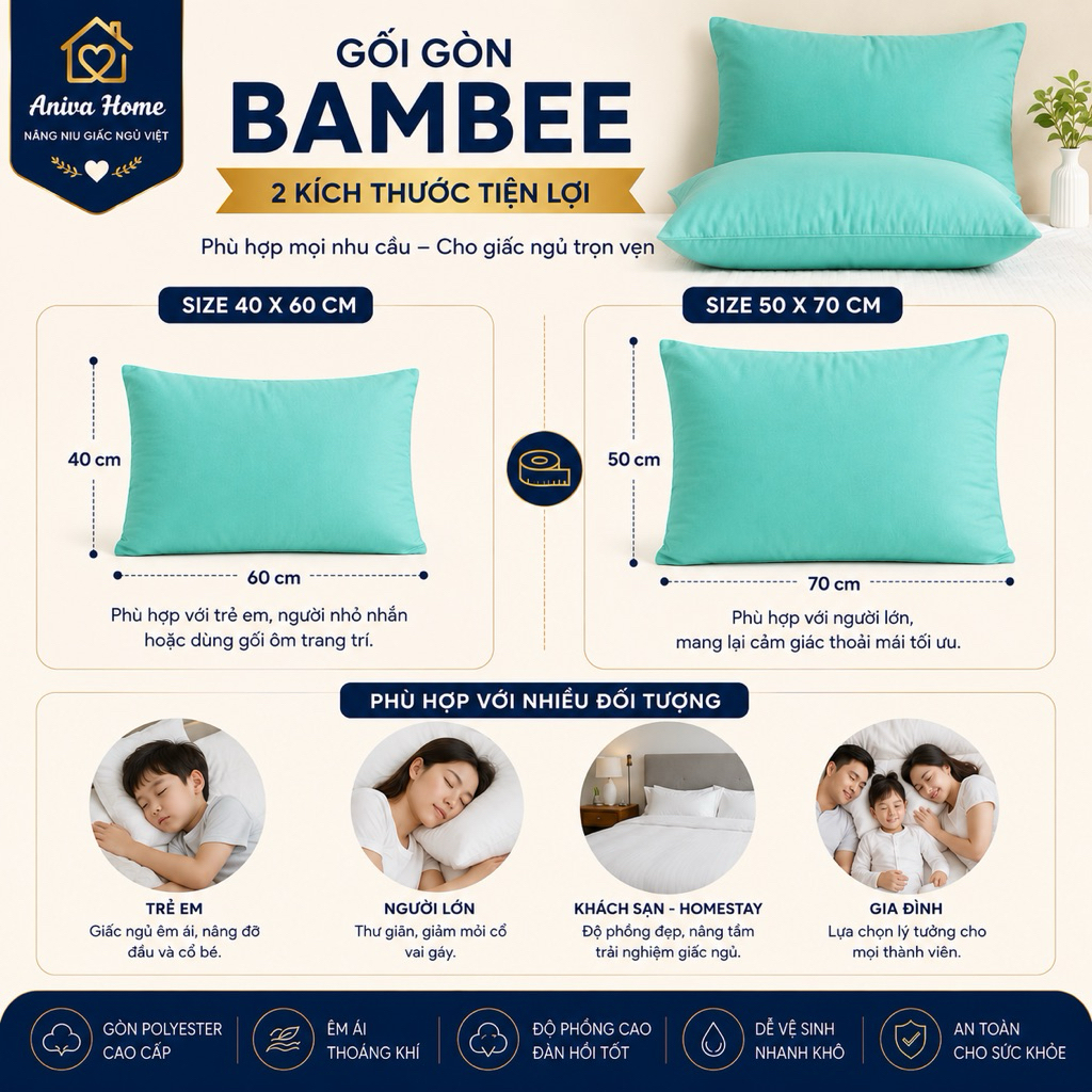 Gối Nằm Và Gối Ôm Bambee Aniva Home - Gòn Polyester Cao Cấp Êm Ái Thoáng Khí Độ Phồng Cao