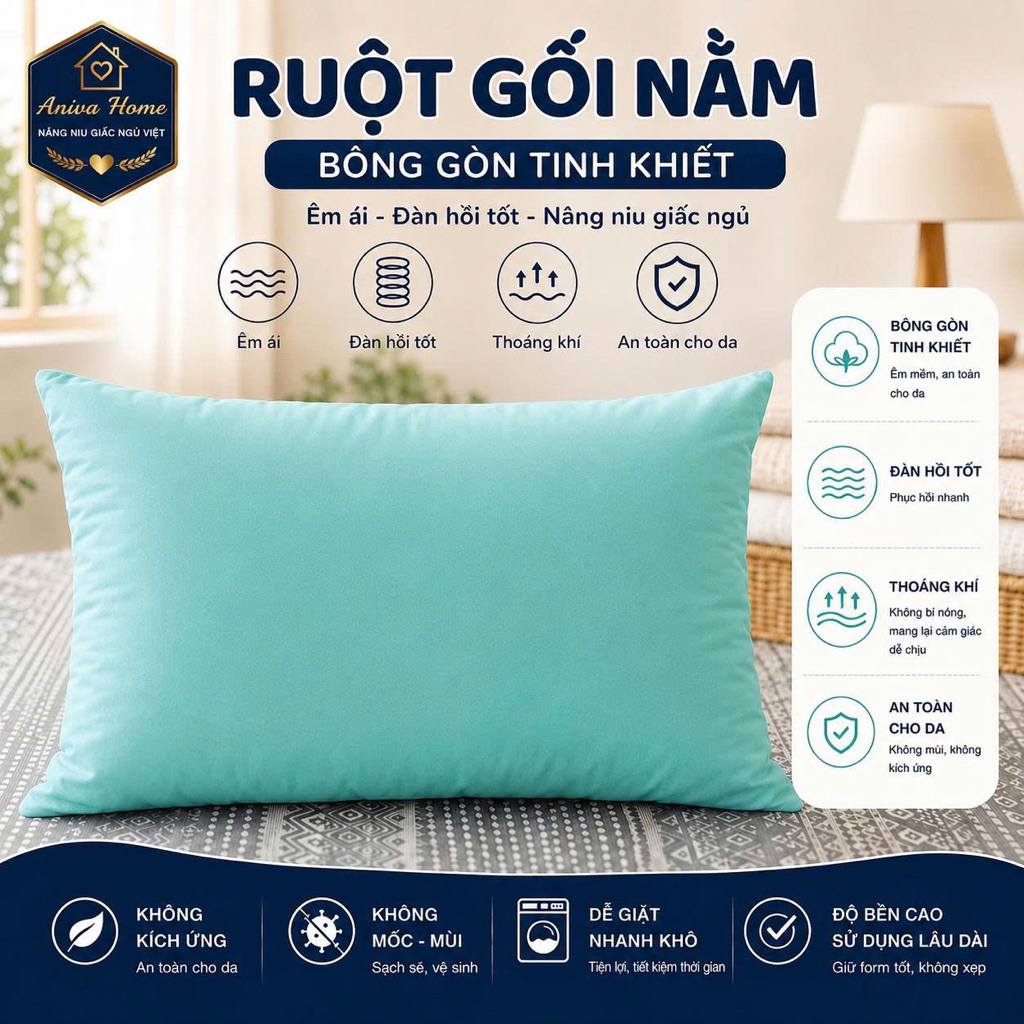 Gối Nằm Và Gối Ôm Bambee Aniva Home - Gòn Polyester Cao Cấp Êm Ái Thoáng Khí Độ Phồng Cao
