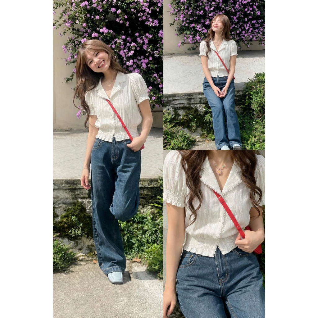 Áo Sơ Mi Viền Ren CHEZI HOUSE HA102 Dáng Croptop Vải Thô Boi Đẹp Có Chun lưng.