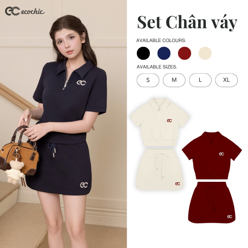 Set Bộ Váy ECOCHIC x HÒA MINZY B171 DREAM FIT Áo Crop Polo Halfzip Phối Chân Váy Chất Liệu Cao Cấp Mềm Mịn Chính Hãng