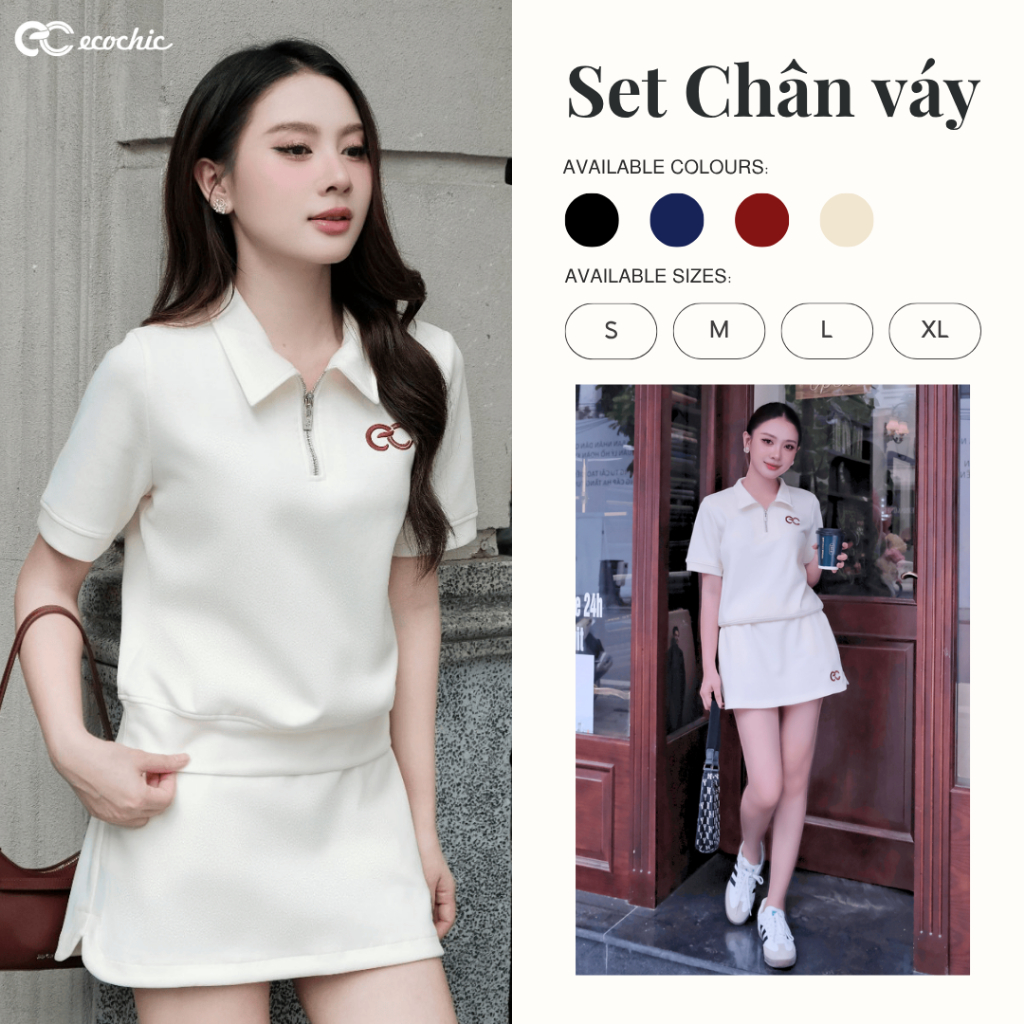 Set Bộ Váy ECOCHIC x HÒA MINZY B171 DREAM FIT Áo Crop Polo Halfzip Phối Chân Váy Chất Liệu Cao Cấp Mềm Mịn Chính Hãng