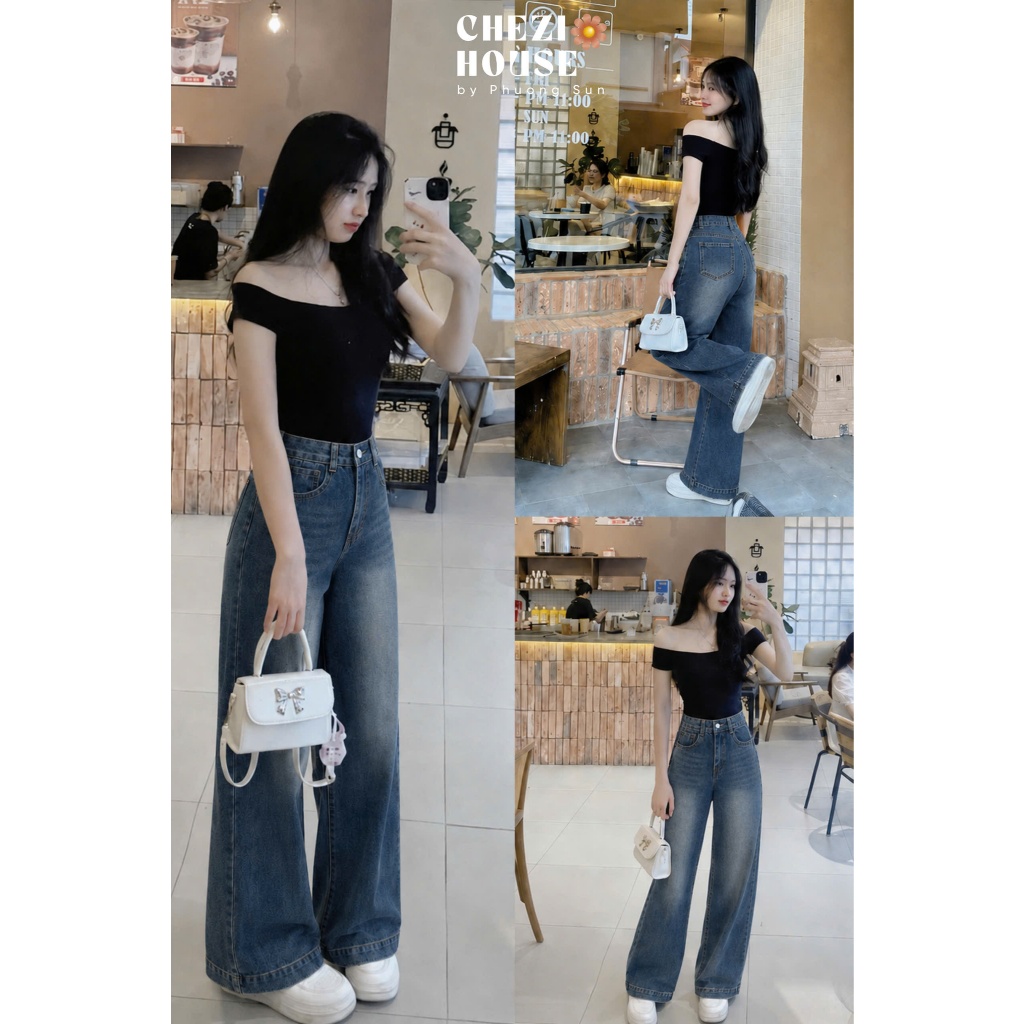 Quần Jean Nữ Ống Suông Mác Gấu CHEZI HOUSE, Quần Bò Nữ Lưng Cao Hack Dáng Dài 97cm #7631 - 7647