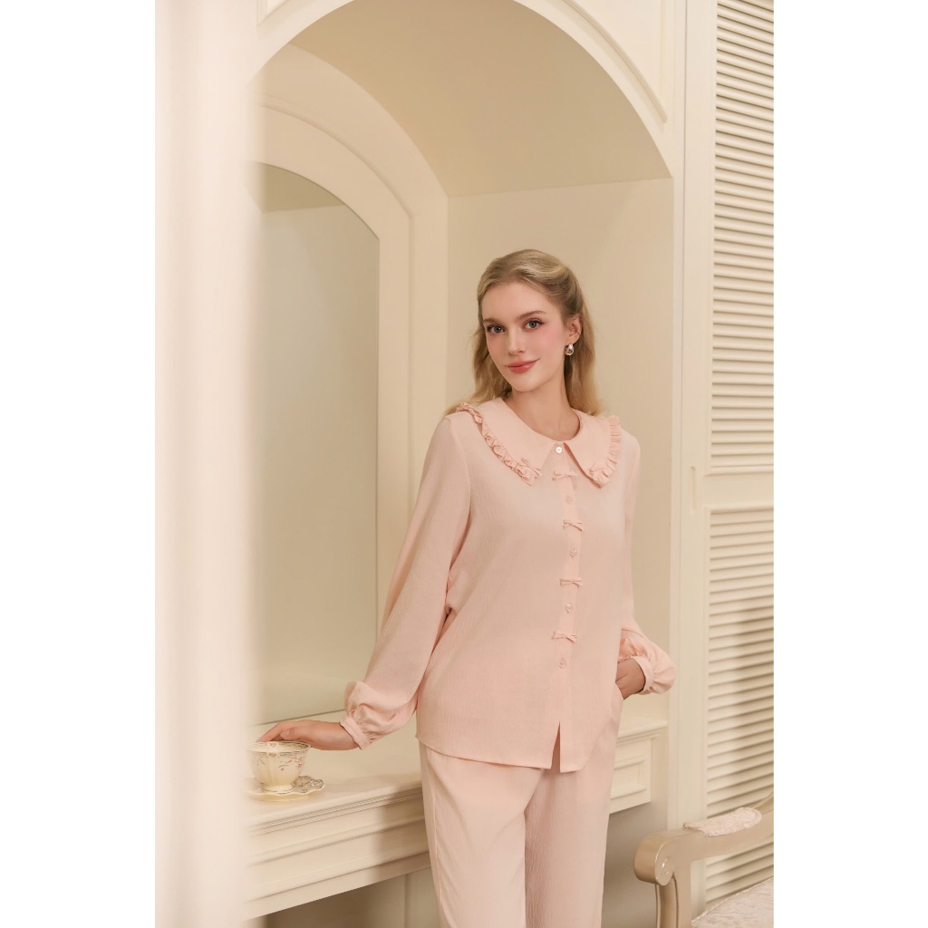 Đồ Ngủ Nữ Dài Tay Mặc Nhà Nữ Cổ Bèo, chất đũi cotton mềm mịn phù hợp mặc nhà - BDD03