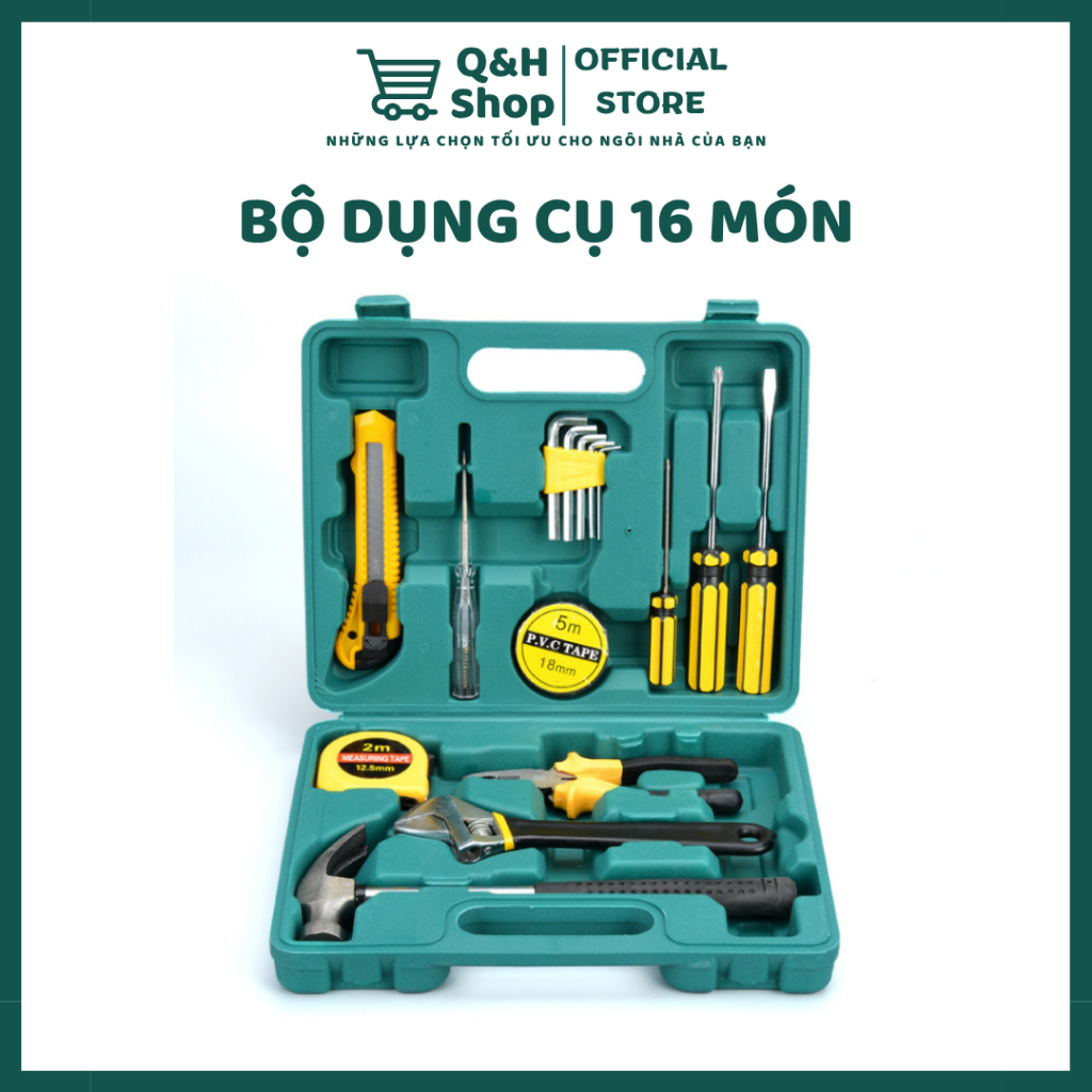 Bộ dụng cụ sửa chữa đa năng 16 món Búa, Mỏ Lết, Kìm, Thước, Tô Vít, Lục Giác thép nhựa