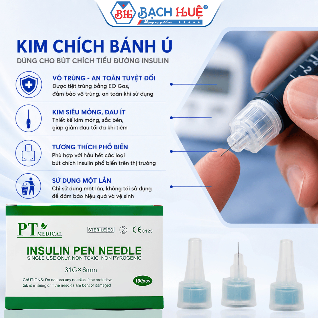 Hộp 100 Kim Chích Bánh Ú Dùng Cho Bút Tiêm Tiểu Đường Insulin – Kim Lấy Máu An Toàn Siêu Nhỏ