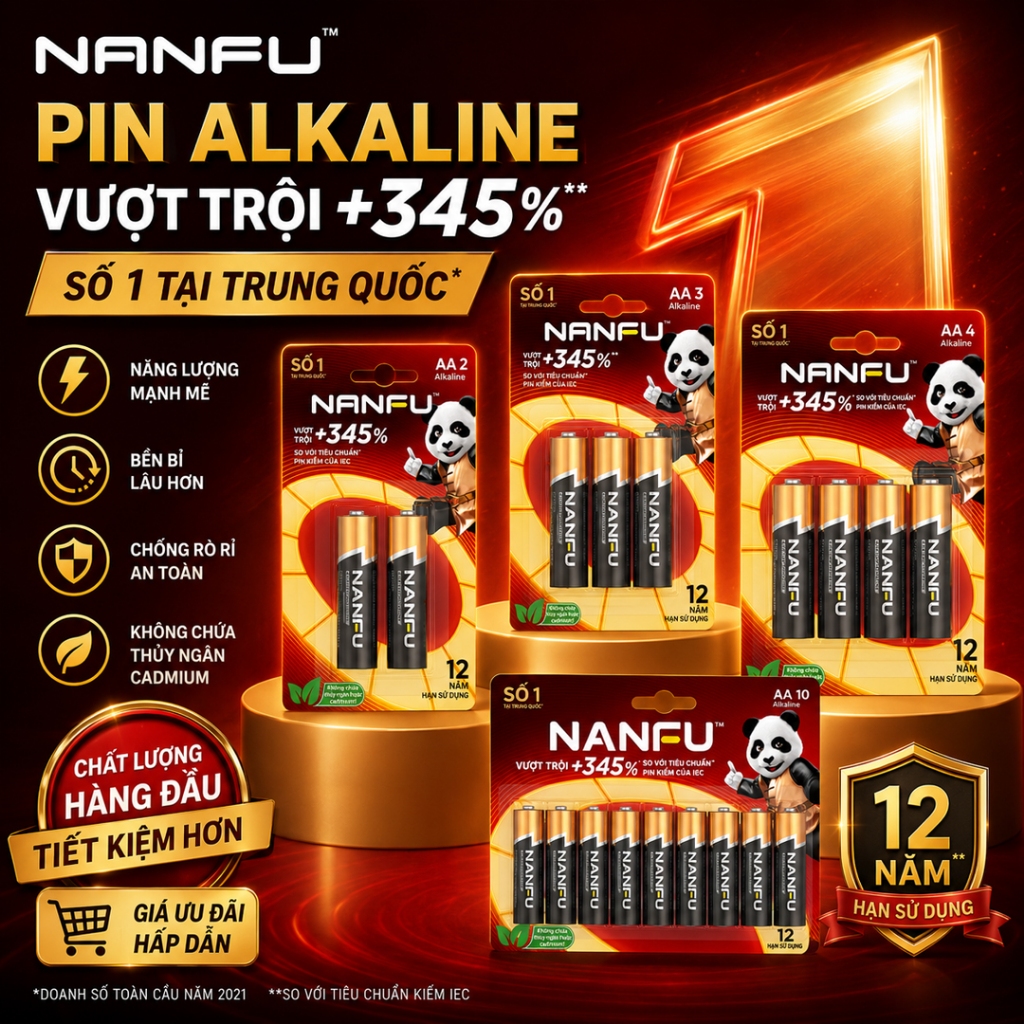 NANFU Pin Kiềm AA/AAA 1.5V Chinh Hang – Pin Alkaline G5 Vo Thép Khong Hg Cd Pb, Khong Chay Nuoc, HSD 12 Nam