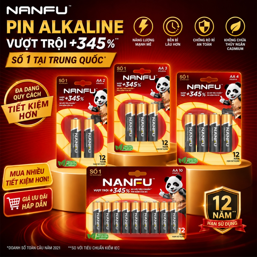 NANFU Pin Kiềm AA/AAA 1.5V Chinh Hang – Pin Alkaline G5 Vo Thép, Khong Hg Cd Pb, Khong Chay Nuoc, HSD 12 Nam