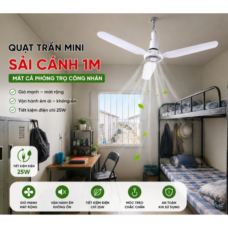 Quạt treo màn,quạt treo mùng cỡ lớn 3 cánh sải 1m mát cả phòng tiết kiệm điện
