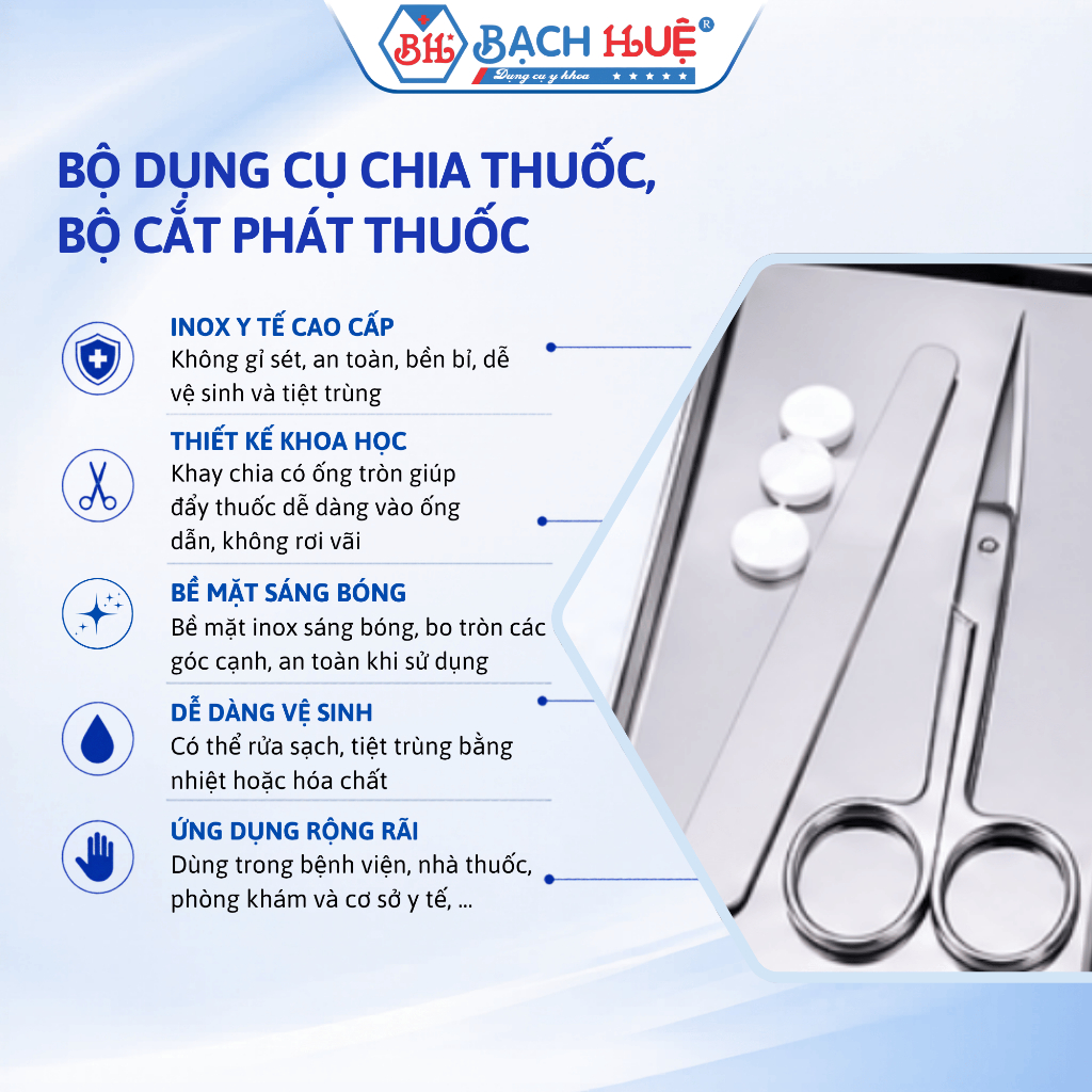 Trọn Bộ Dụng Cụ Chia Thuốc Y Tế: Khay Inox Lớn + 1 Que + 1 Kéo 16cm Cắt Phát Thuốc Sắc Bén