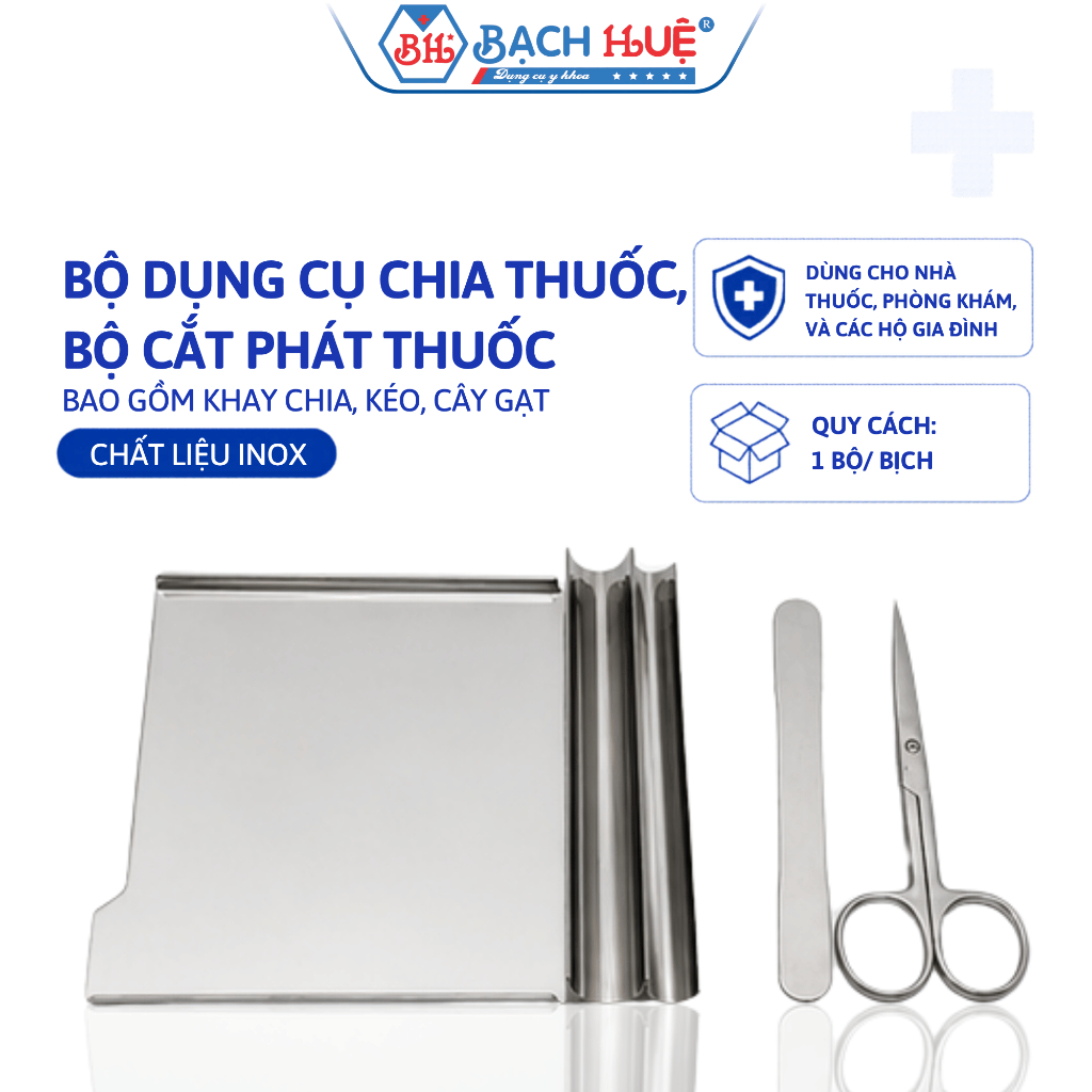 Trọn Bộ Dụng Cụ Chia Thuốc Y Tế: Khay Inox Lớn + 1 Que + 1 Kéo 16cm Cắt Phát Thuốc Sắc Bén