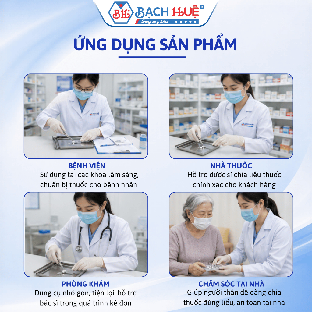 Trọn Bộ Dụng Cụ Chia Thuốc Y Tế: Khay Inox Lớn + 1 Que + 1 Kéo 16cm Cắt Phát Thuốc Sắc Bén