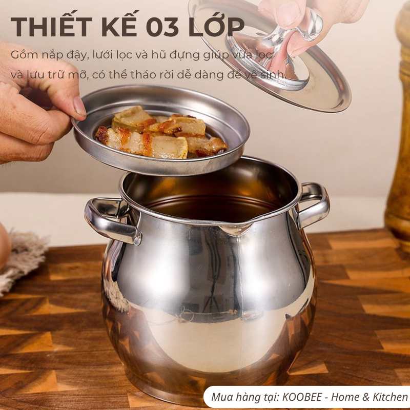 Hũ Đựng Mỡ Inox Có Lưới Lọc 1L KOOBEE – Ca Lọc Dầu Ăn, Lọc Mỡ Heo, Hộp Đựng Dầu Mỡ Thép Không Gỉ Có Nắp | 395