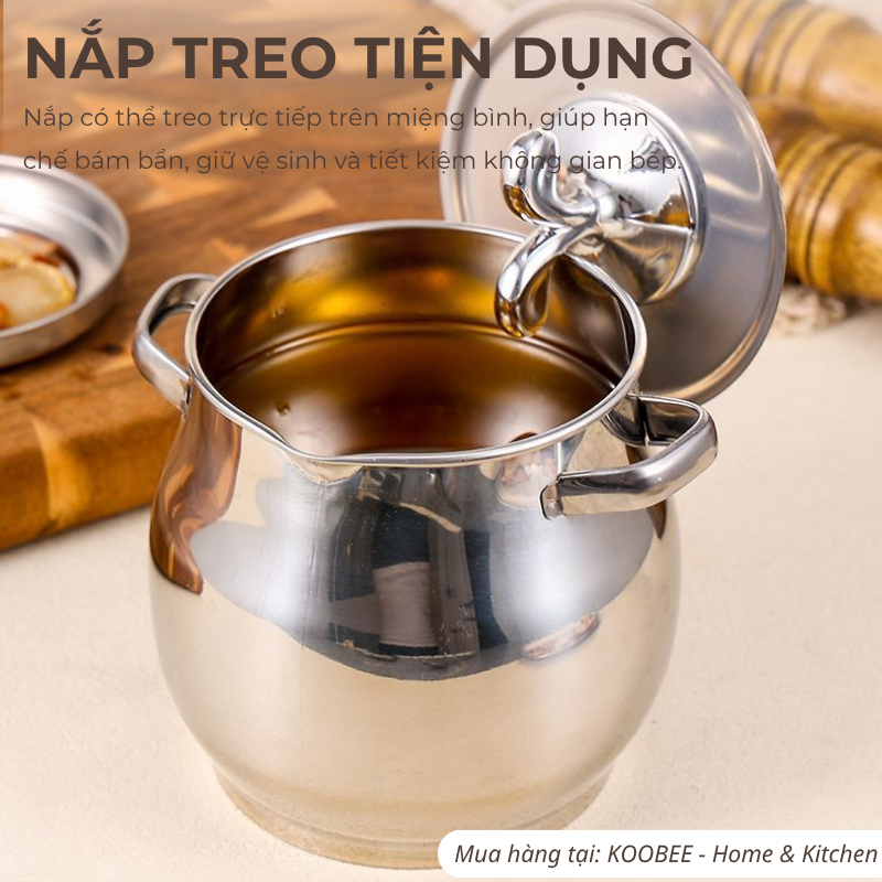 Hũ Đựng Mỡ Inox Có Lưới Lọc 1L KOOBEE – Ca Lọc Dầu Ăn, Lọc Mỡ Heo, Hộp Đựng Dầu Mỡ Thép Không Gỉ Có Nắp | 395