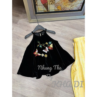 Sét áo yếm nhung the khâu hoa bướm thủ công + quần xuông lụa