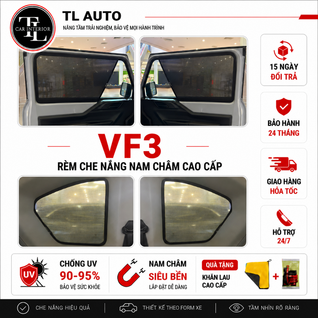 Rèm che nắng nam châm loại 1 xe VINFAST VF3, dày dặn chống tia UV, bảo hành 24 tháng TL Auto