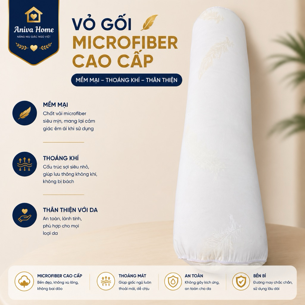 Gối Ôm Lông Vũ Nhân Tạo Aniva Home 35x100cm - Gối Ôm Cao Cấp Siêu Mềm, Độ Phồng Cao, Khóa Kéo