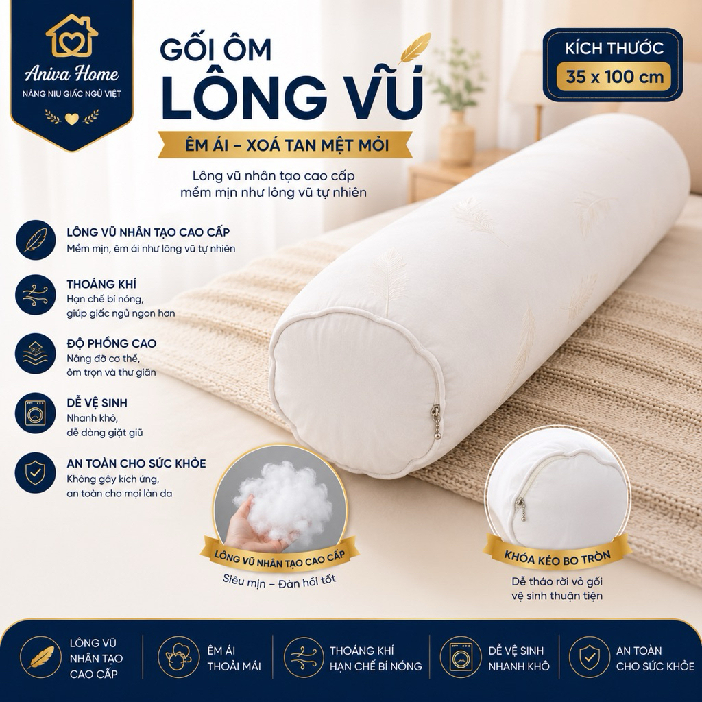 Gối Ôm Lông Vũ Nhân Tạo Aniva Home 35x100cm - Gối Ôm Cao Cấp Siêu Mềm, Độ Phồng Cao, Khóa Kéo
