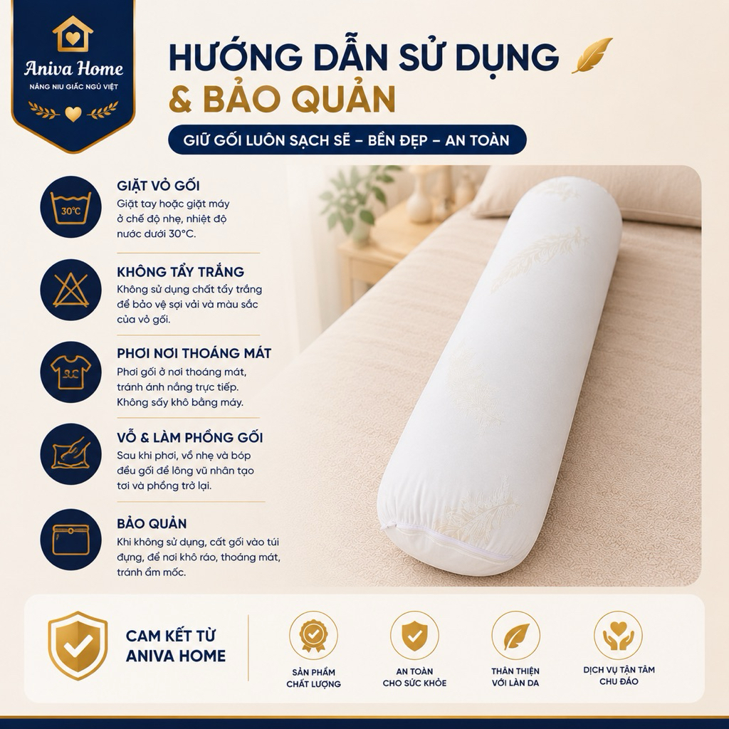 Gối Ôm Lông Vũ Nhân Tạo Aniva Home 35x100cm - Gối Ôm Cao Cấp Siêu Mềm, Độ Phồng Cao, Khóa Kéo