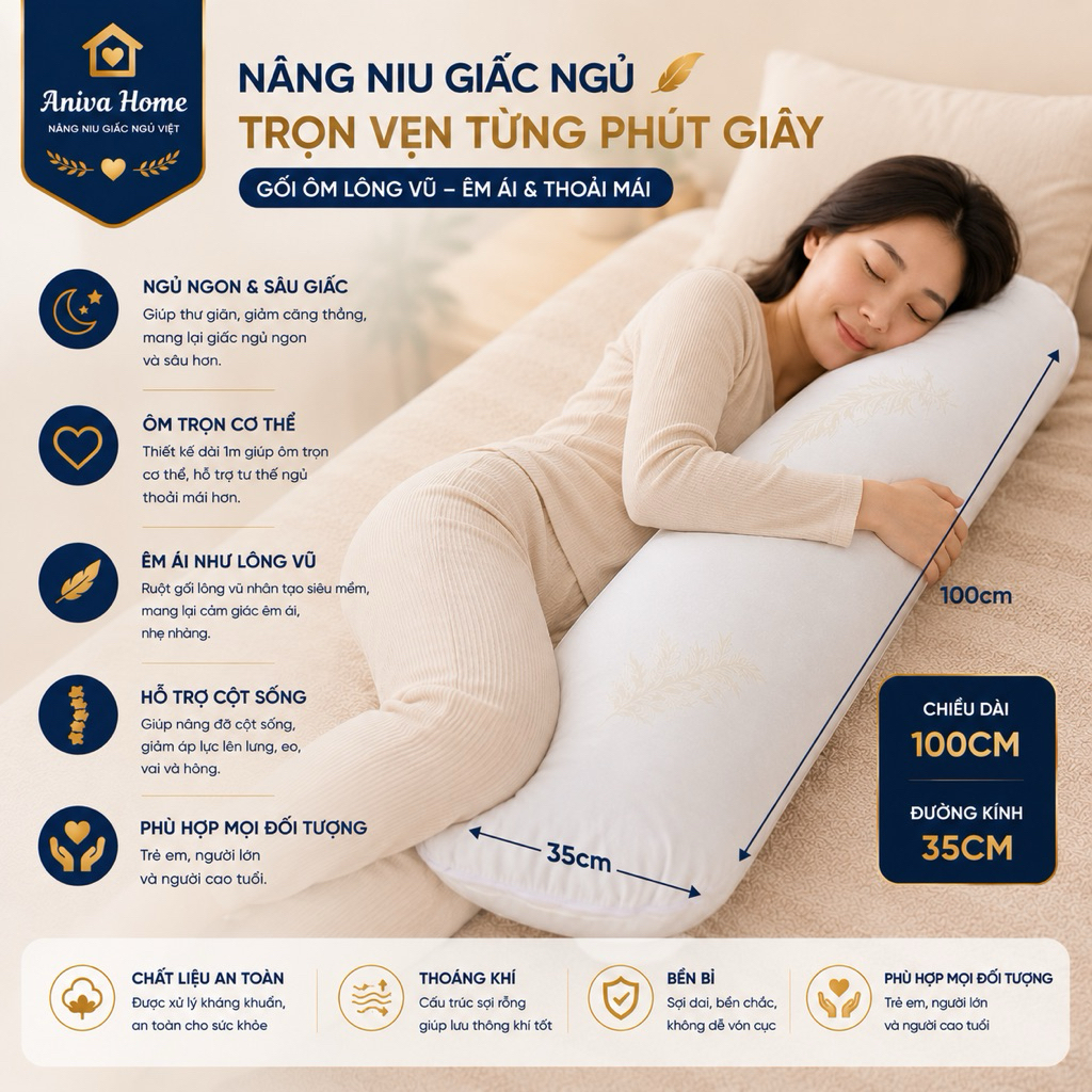 Gối Ôm Lông Vũ Nhân Tạo Aniva Home 35x100cm - Gối Ôm Cao Cấp Siêu Mềm, Độ Phồng Cao, Khóa Kéo