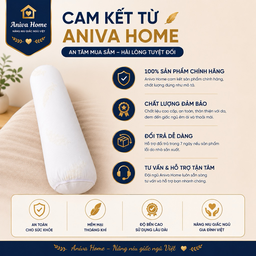 Gối Ôm Lông Vũ Nhân Tạo Aniva Home 35x100cm - Gối Ôm Cao Cấp Siêu Mềm, Độ Phồng Cao, Khóa Kéo