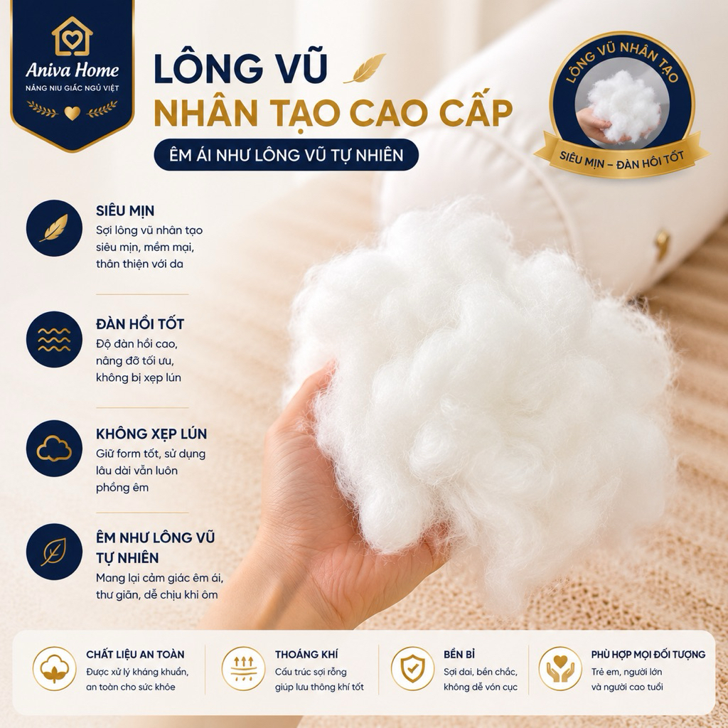Gối Ôm Lông Vũ Nhân Tạo Aniva Home 35x100cm - Gối Ôm Cao Cấp Siêu Mềm, Độ Phồng Cao, Khóa Kéo