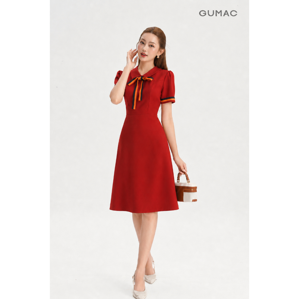 Đầm Nữ Dáng A Xòe GUMAC Nẹp Tay Phối Nơ Cổ Thanh Lịch Thiết Kế Công Sở Đi Chơi Dạo Phố LDE0614