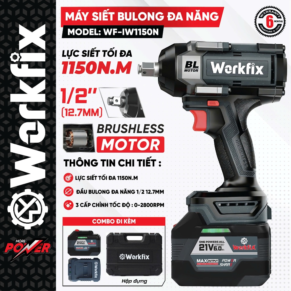 Máy siết bulong Workfix WF-IW1150N, Lực siết 1150Nm, máy siết mở ốc, bắn ốc ô tô, xe máy, không chổi than, 4 cấp độ