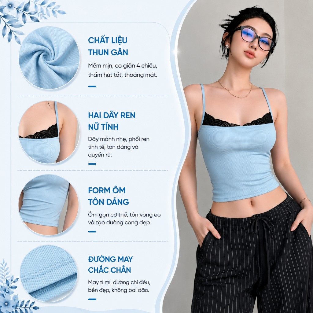 [BẢN MỚI] Áo Croptop HAI DÂY REN NGỰC Ver2 Thun Gân Sexy CR14, Áo Thun Nữ 2D Ôm Body Đẹp Tôn Dáng Flo'ra