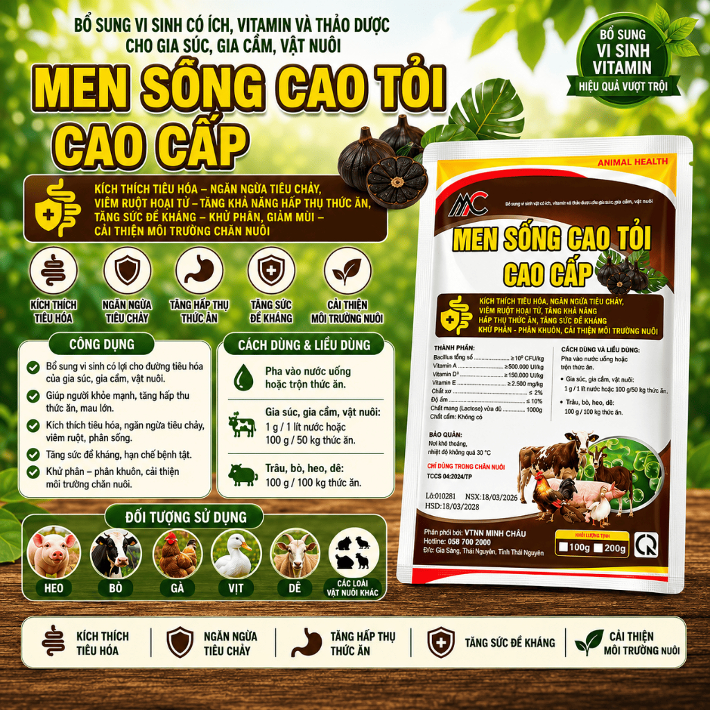 Men Cao Tỏi Đen Cao Cấp ( 5 Trong 1 ) 1Kg  cho gà, vịt, heo hỗ trợ tiêu hóa, hấp thu tốt, tăng đề khá ng